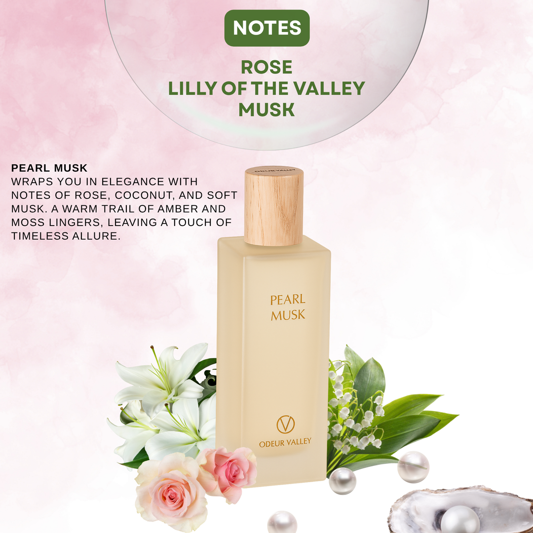 Premium Pearl Musk unisex perfume — floral, musky, and amber notes in a minimalist design