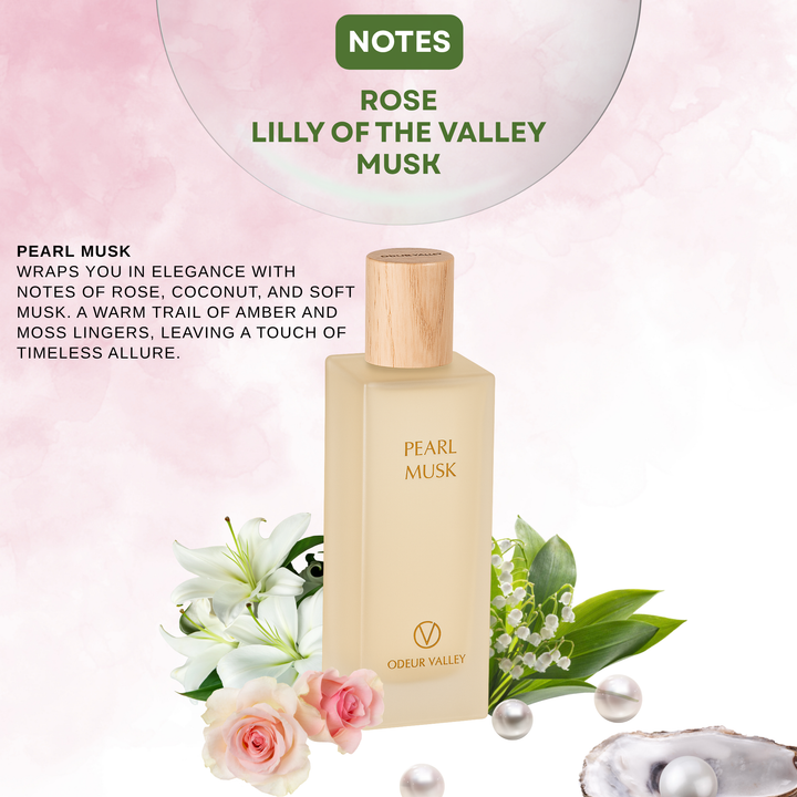 Premium Pearl Musk unisex perfume — floral, musky, and amber notes in a minimalist design