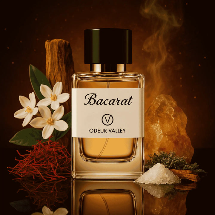 Long-lasting Bacarat unisex perfume with saffron, jasmine, fir resin, ambroxan, and oakmoss blend