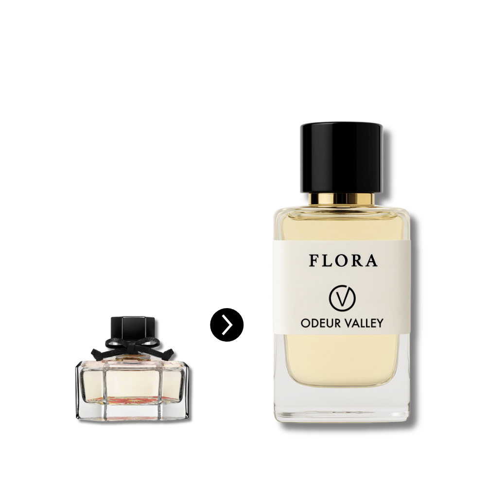 The Flora perfume by Odeur Valley, a refined and chic fragrance with romantic top notes of Mandarin Orange and Pear, and a warm, woody base