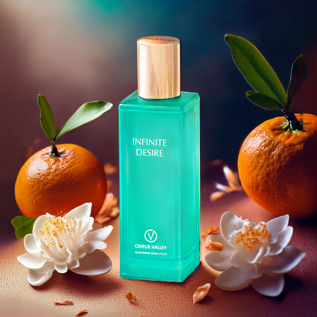 Infinite Desire perfume bottle showcasing sophisticated unisex scent in a luxury editorial style