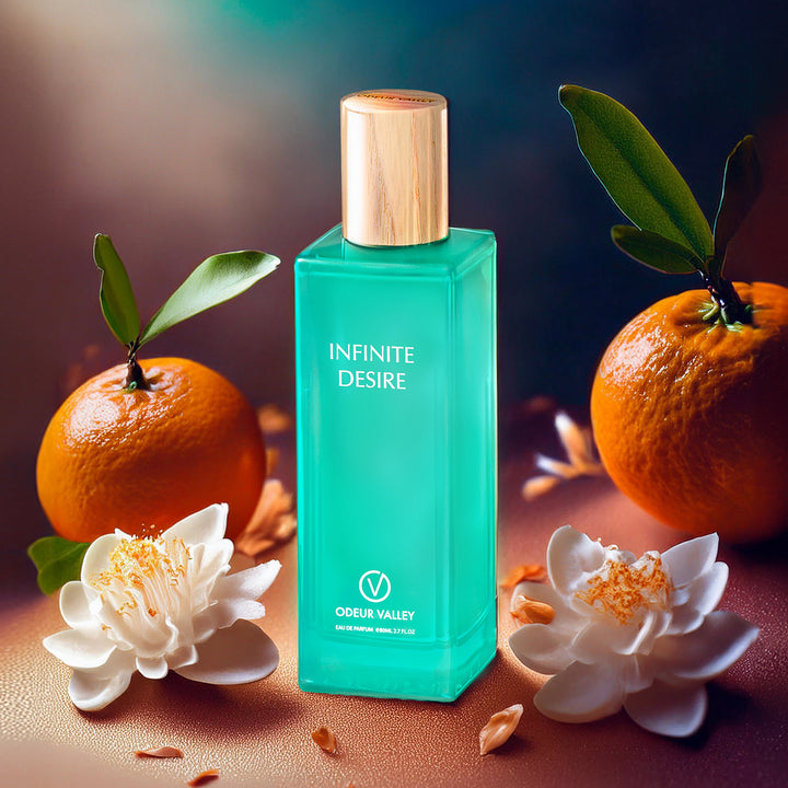 Infinite Desire perfume bottle showcasing sophisticated unisex scent in a luxury editorial style