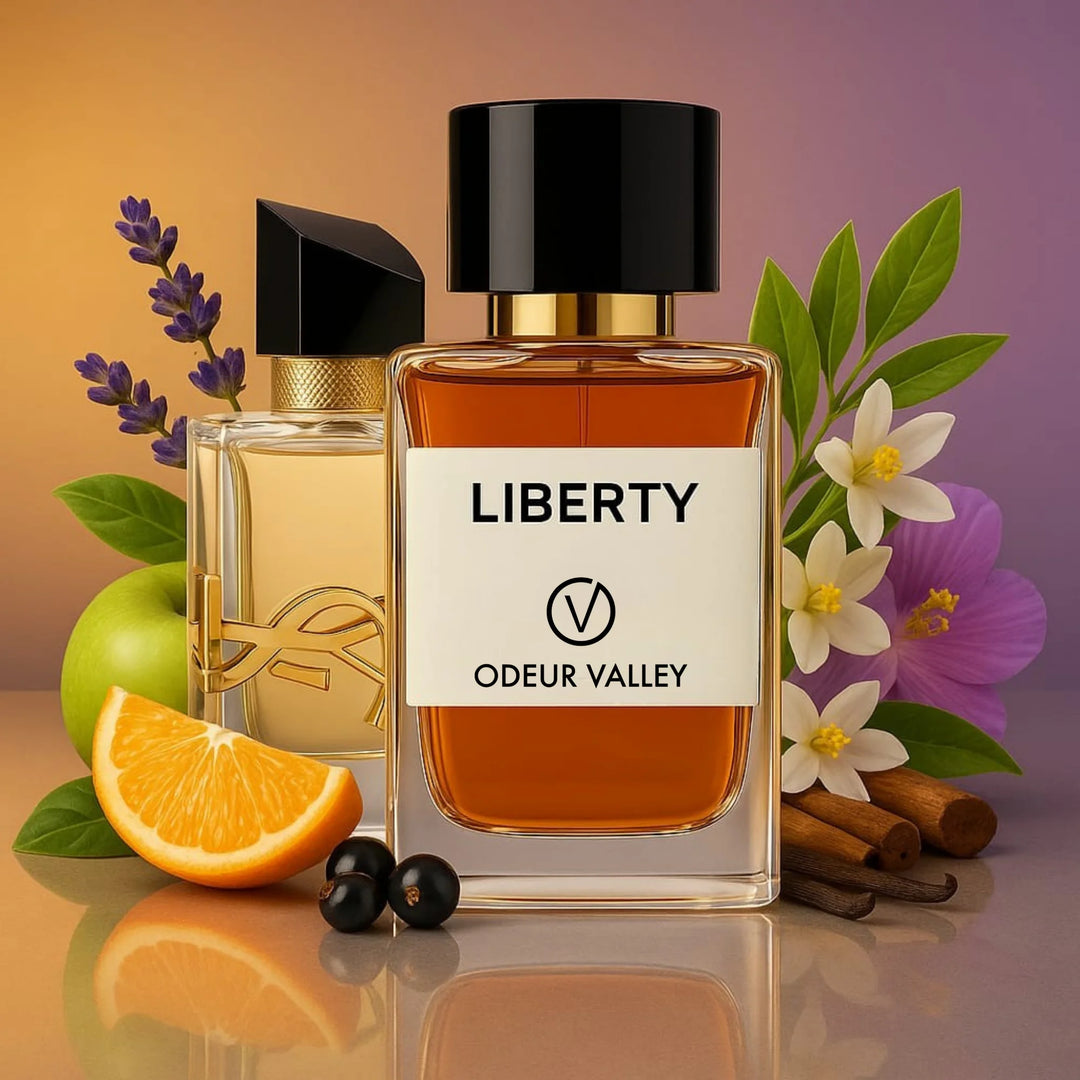 Odeur Valley's Liberty fragrance, a fierce and elegant scent with a sophisticated blend of lavender, Mandarin Orange, and a warm base of Musk and Ceda