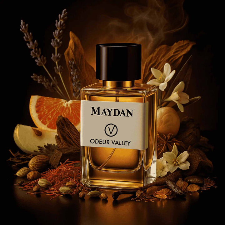 Odeur Valley's Maydan perfume bottle, a unisex scent with key notes of tobacco, vanilla, and amber, designed for those who want a bold and unique identity.
