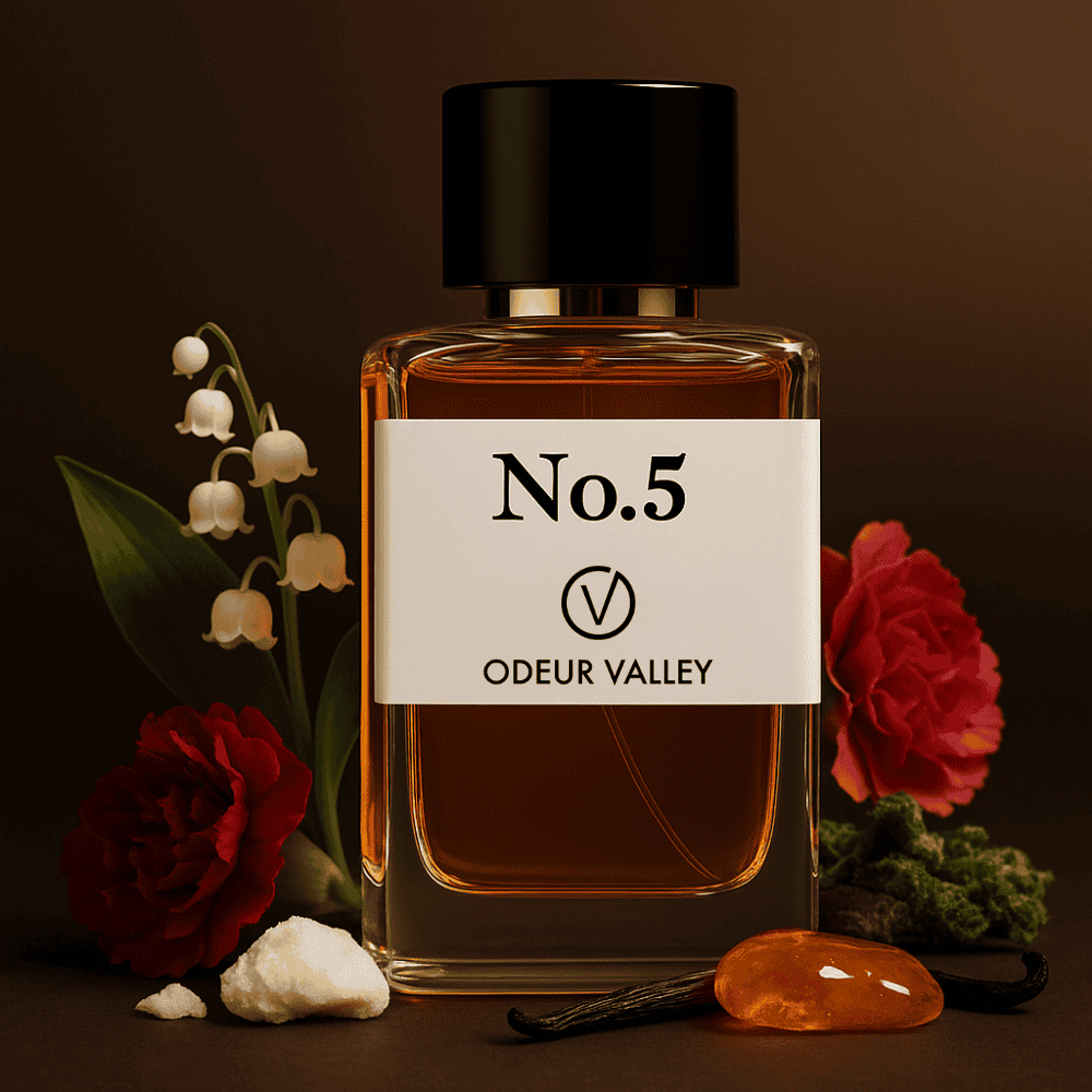 No 5 by Odeur Valley, an elegant and intimate fragrance for daily wear and close encounters. Its warm base of Amber, Vanilla, and Musk is unforgettable.