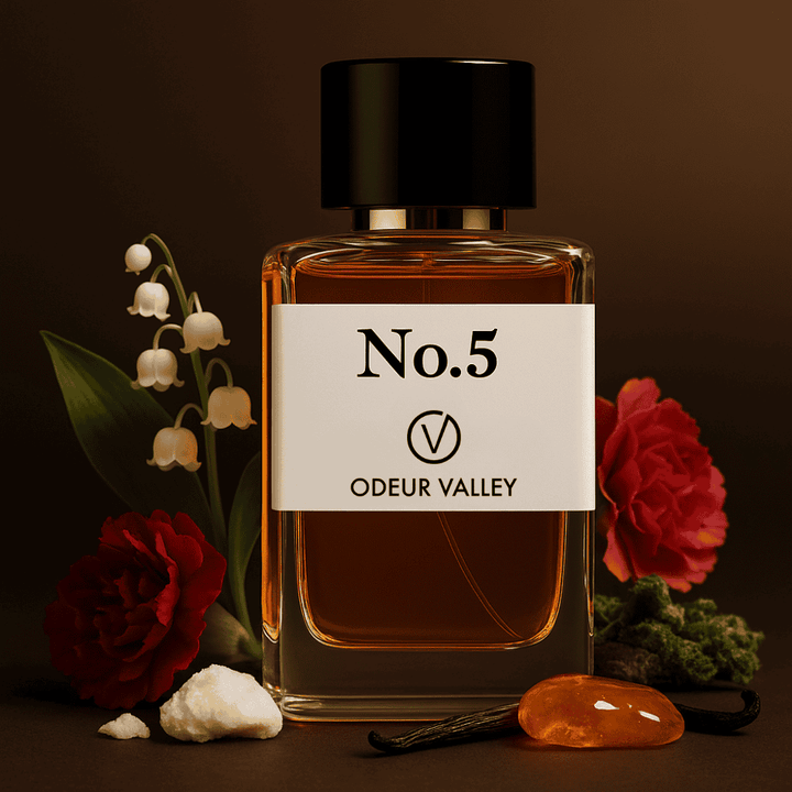 No 5 by Odeur Valley, an elegant and intimate fragrance for daily wear and close encounters. Its warm base of Amber, Vanilla, and Musk is unforgettable.