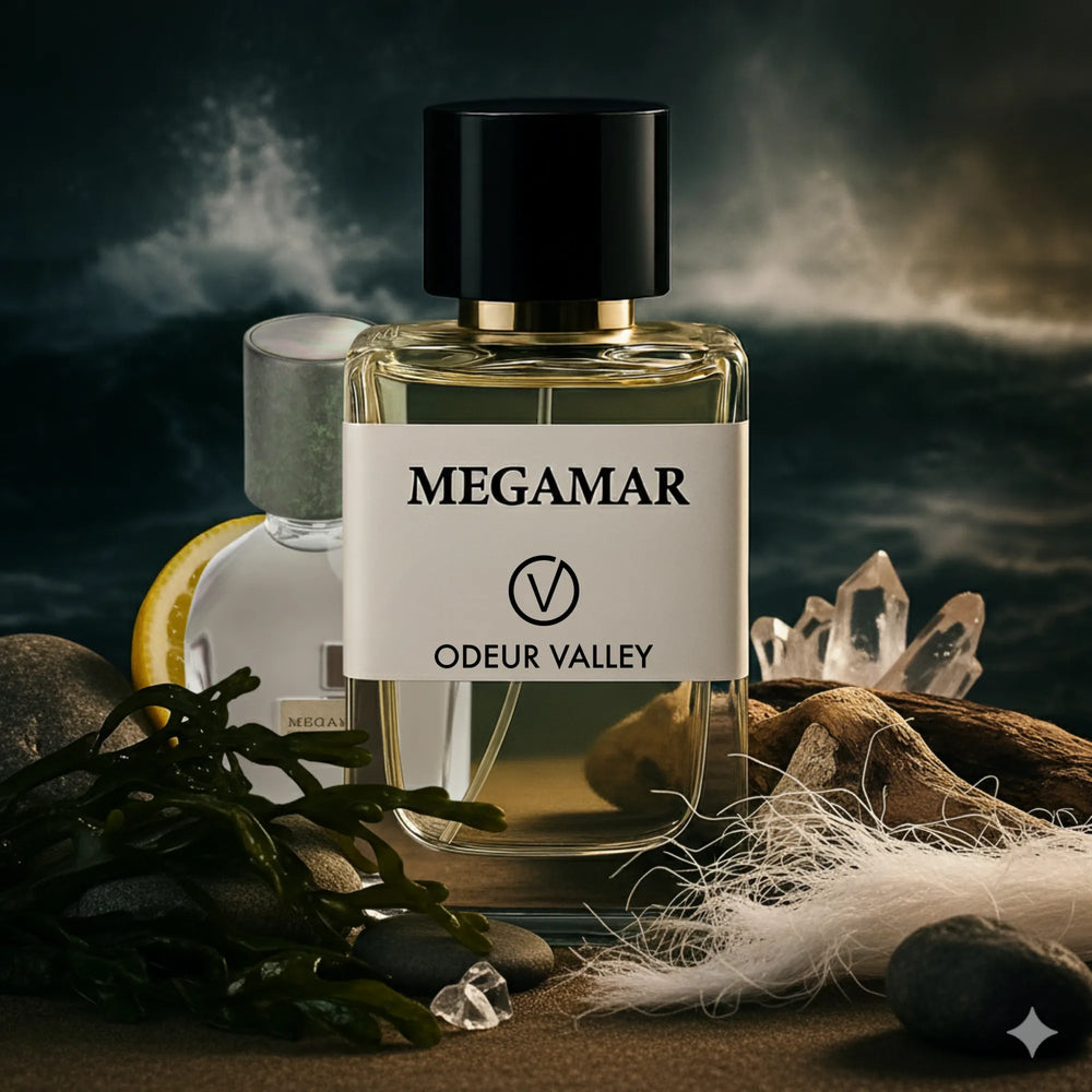 Megamar by Odeur Valley, a deep, fresh scent with a powerful projection, perfect for a signature statement in Dubai. It is a type of fragrance that is a more affordable version or clone of the original Orto Parisi Megamare perfume