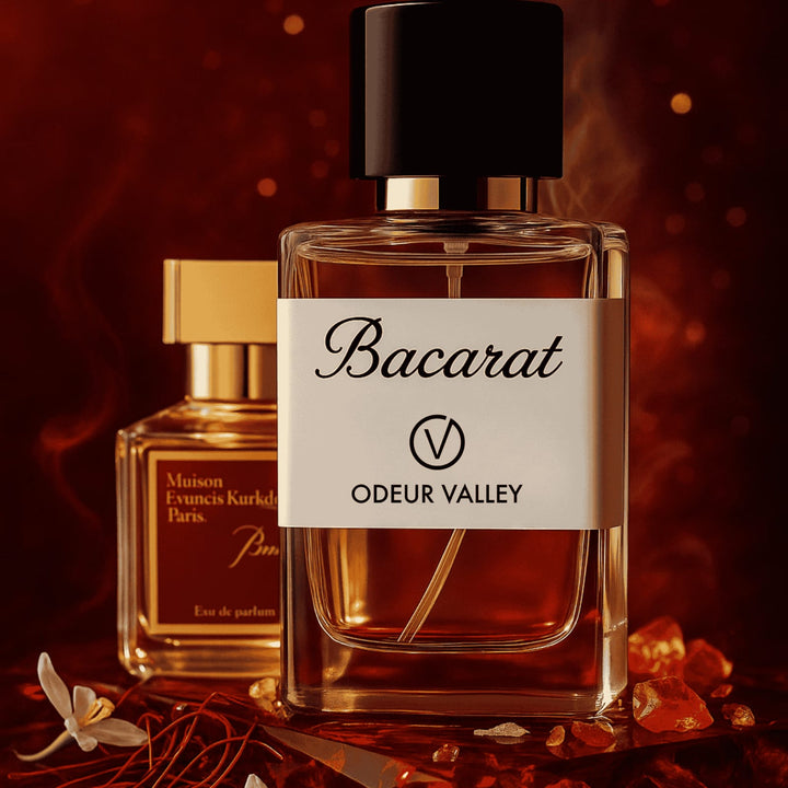 Long-lasting Bacarat unisex perfume with saffron, jasmine, fir resin, ambroxan, and oakmoss blend