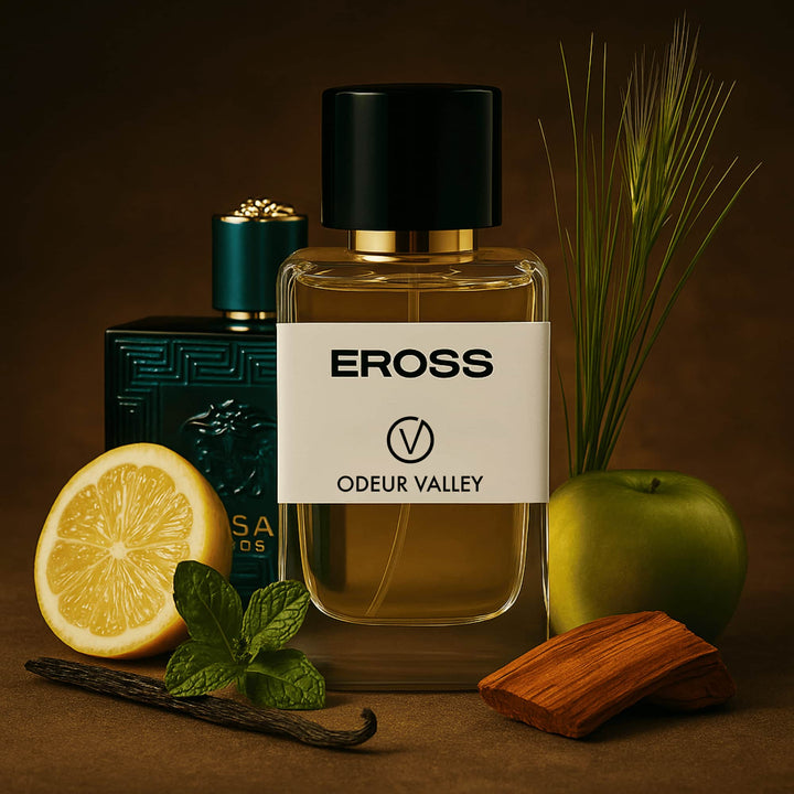 The elegant bottle of Odeur Valley's fragrance, a sensual and confident scent for men who prefer Eross alternatives