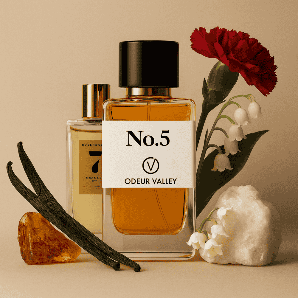 This image showcases the No 5 perfume, a long-lasting unisex scent with a beautiful heart of Carnation and Lily-of-the-Valley