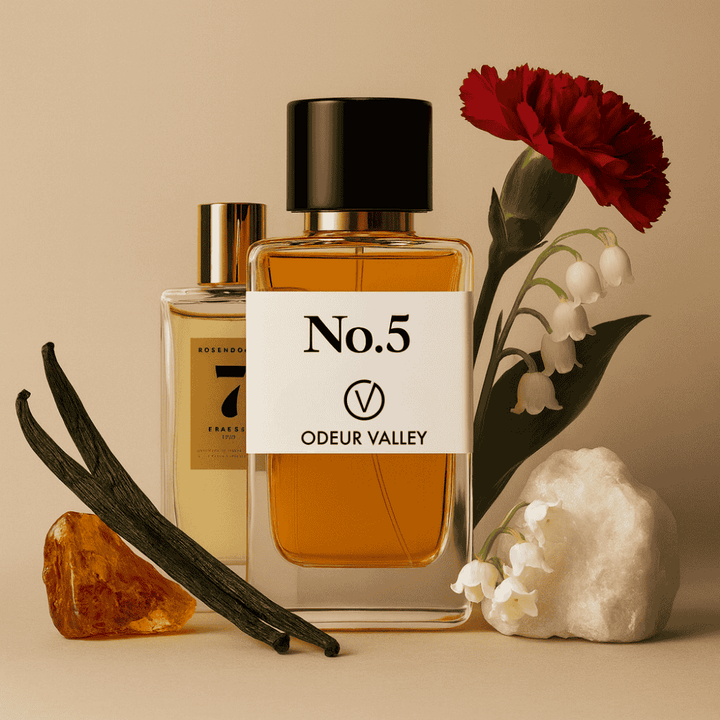 This image showcases the No 5 perfume, a long-lasting unisex scent with a beautiful heart of Carnation and Lily-of-the-Valley