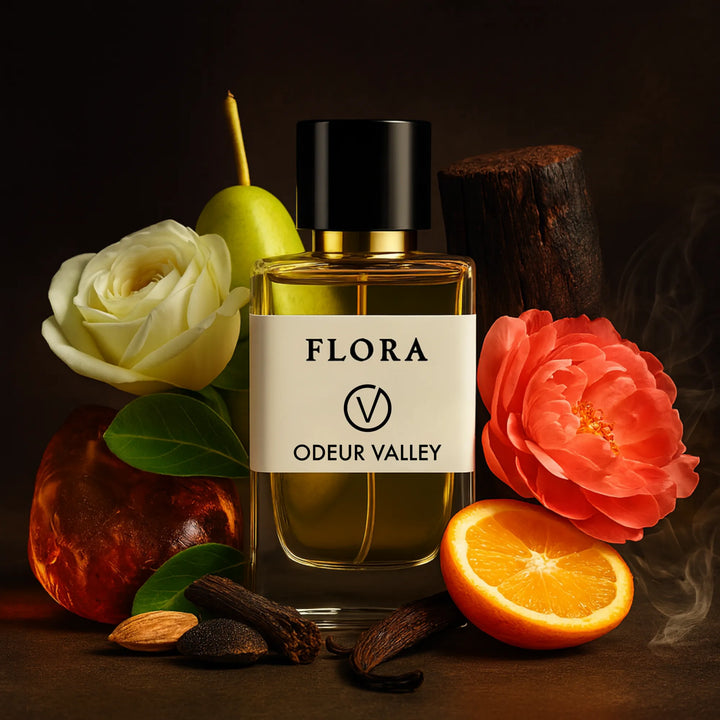 Flora, an effortlessly chic women's perfume from Odeur Valley. Its complex composition of Peony, Rose, and warm notes of Musk and Cedar make it a popular choice in Dubai