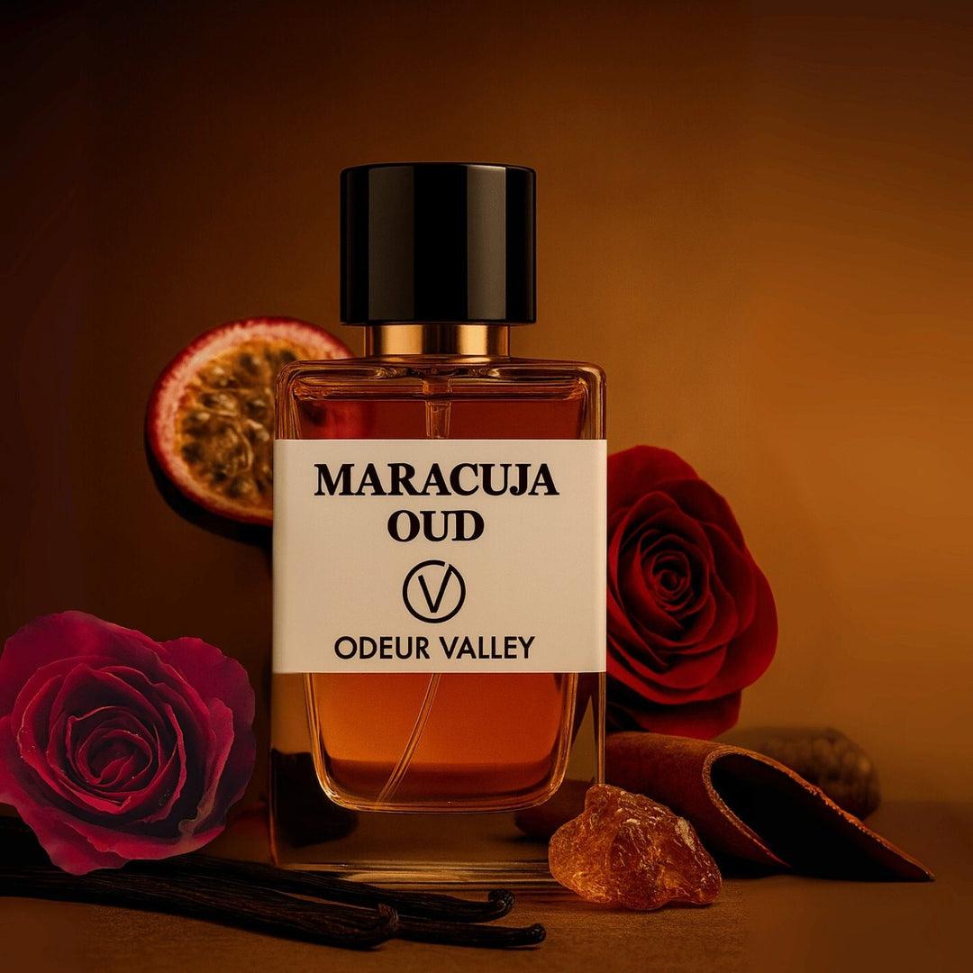 Maracuja Oud perfume, an intense and long-lasting fragrance for men and women with a bold, tropical, and leathery depth