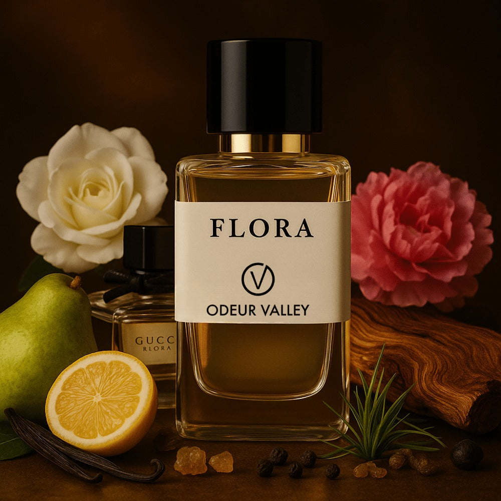 A beautiful product shot of Odeur Valley's Flora fragrance, featuring a soft yet lasting blend of Rose and Peony, ideal for signature wear