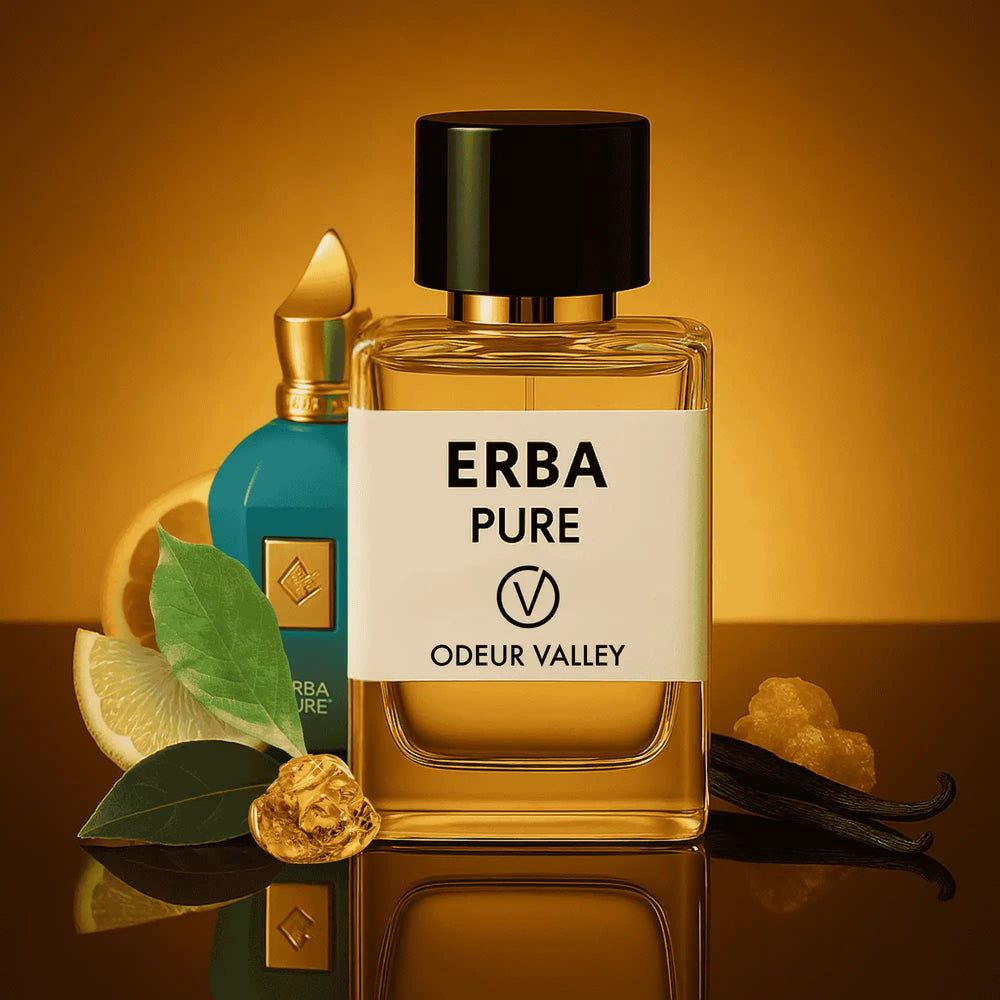 A bottle of Odeur Valley's Erba Pure, a long-lasting and joyful fragrance for men and women. This bright, sweet scent is perfect for the UAE climate