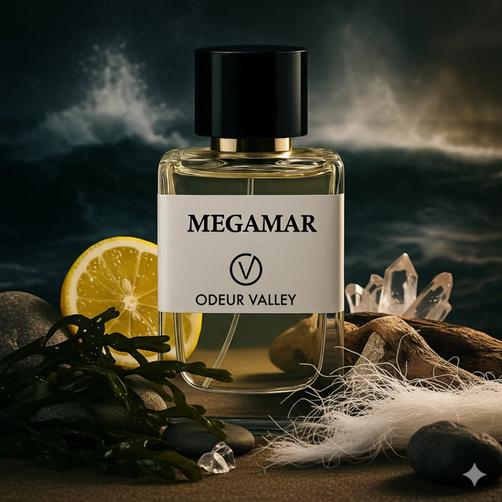 Megamar, an immersive oceanic fragrance from Odeur Valley. A refreshing scent with top notes of Bergamot and Lemon, ideal for the UAE's hot climate.