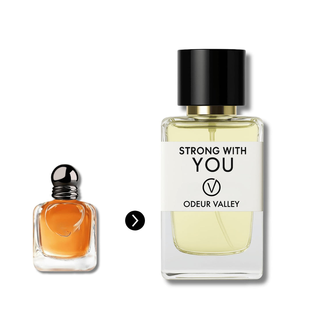 A bottle of Odeur Valley's Strong With You-inspired perfume, a romantic and magnetic fragrance for men.