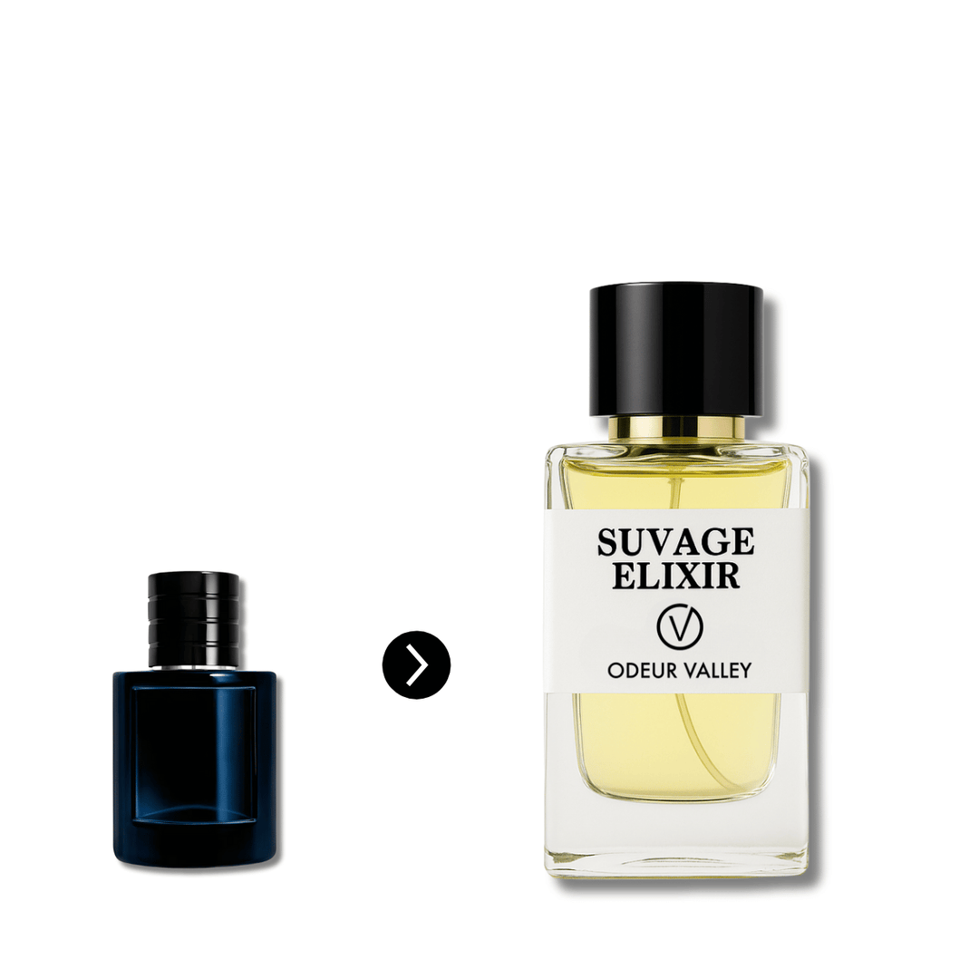 A bottle of Odeur Valley's Suvage Elixir-inspired perfume, a potent and refined fragrance for men who command presence.