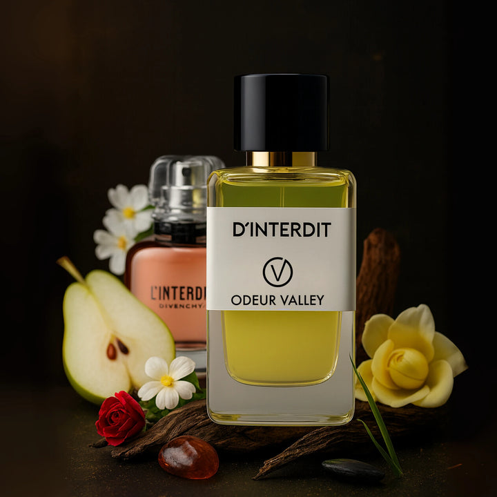 D’Interdit perfume, a long-lasting and sensual scent. Its base of Patchouli, Vanilla, and Ambroxan offers intense staying power.