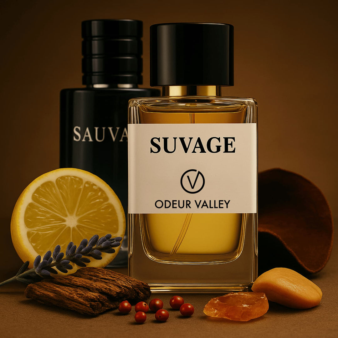 The sleek bottle of Odeur Valley's fragrance, a confident and instinctive Suvage alternative for men who follow their own path