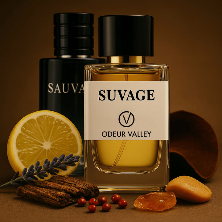 The sleek bottle of Odeur Valley's fragrance, a confident and instinctive Suvage alternative for men who follow their own path