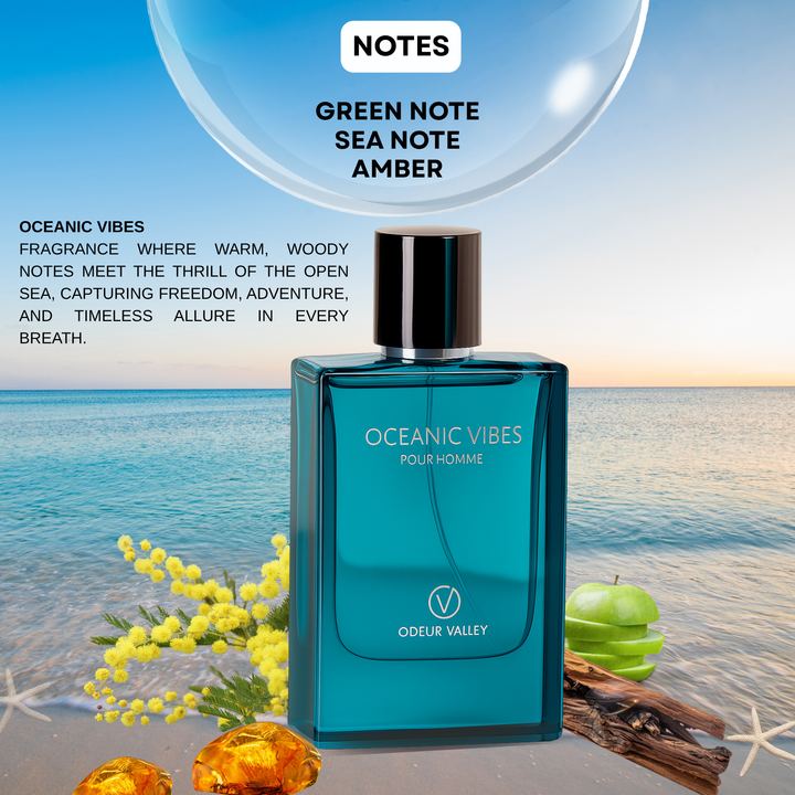 Oceanic Vibes – refreshing men’s scent with marine and woody notes in a luxury glass bottle.