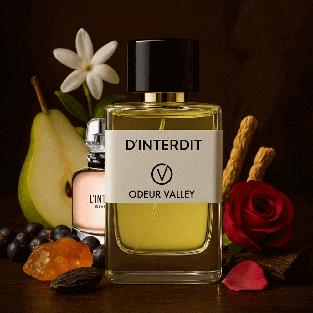 The D’Interdit perfume bottle from Odeur Valley, a timeless fragrance with a luxurious blend of Pear, Bergamot, and a warm, elegant depth.