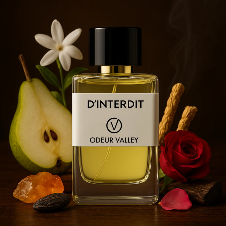 The D’Interdit perfume bottle from Odeur Valley, a timeless fragrance with a luxurious blend of Pear, Bergamot, and a warm, elegant depth.